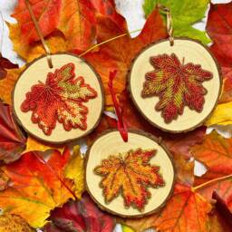Autumn Leaf Hanging, Hand Beaded On Wood Slice, Hang Wall Or Sit Shelf, Decor, Fall Colours, Choose One Design - thumbnail 1