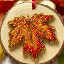 Autumn Leaf Hanging, Hand Beaded On Wood Slice, Hang Wall Or Sit Shelf, Decor, Fall Colours, Choose One Design - thumbnail 2