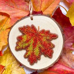 Autumn Leaf Hanging, Hand Beaded On Wood Slice, Hang Wall Or Sit Shelf, Decor, Fall Colours, Choose One Design - thumbnail 3