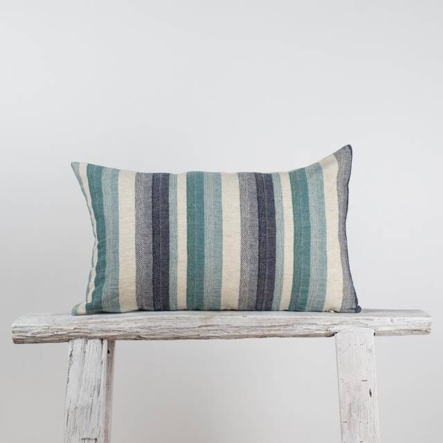 Woven Linen Lumbar Pillow, Turquoise Blue Green Striped Cushion - image 1