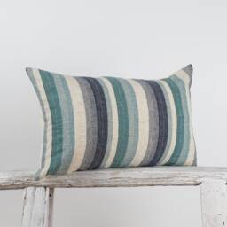 Woven Linen Lumbar Pillow, Turquoise Blue Green Striped Cushion - thumbnail 2