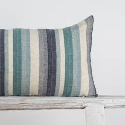 Woven Linen Lumbar Pillow, Turquoise Blue Green Striped Cushion - thumbnail 3