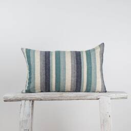 Woven Linen Lumbar Pillow, Turquoise Blue Green Striped Cushion - thumbnail 1