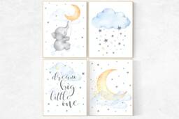 Elephant Nursery Art Print Neutral Cloud, Stars, Balloon Decor - thumbnail 1