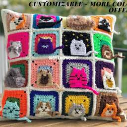 Crochet Cat Pillowcase Colorful Figures, Home Decor - thumbnail 2