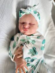 Newborn Leaf Print Botanical Swaddle Welcome Set - Unisex Hospital Receiving Set Baby Hat & Bow Wrap Photo Shoot Prop - thumbnail 1