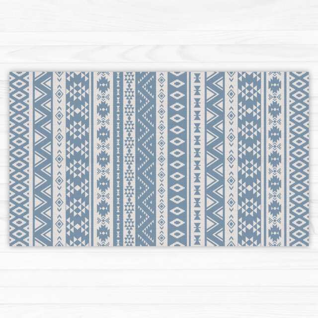 Blue Vinyl Floor Mat With Ethnic Pattern. Graphic Blue & White PVC Rug, Linoleum - Art Mat - image 1