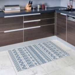 Blue Vinyl Floor Mat With Ethnic Pattern. Graphic Blue & White PVC Rug, Linoleum - Art Mat - thumbnail 2