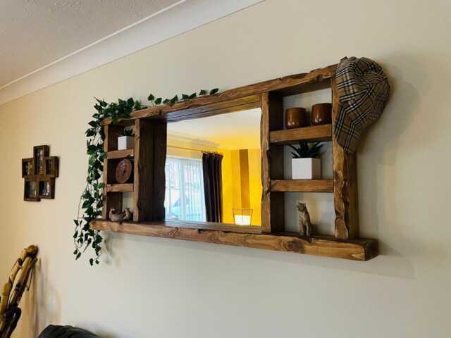 Handmade Rustic Warm Oak Shelf Mirror - Wooden Wall Decor - image 1