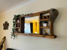 Handmade Rustic Warm Oak Shelf Mirror - Wooden Wall Decor