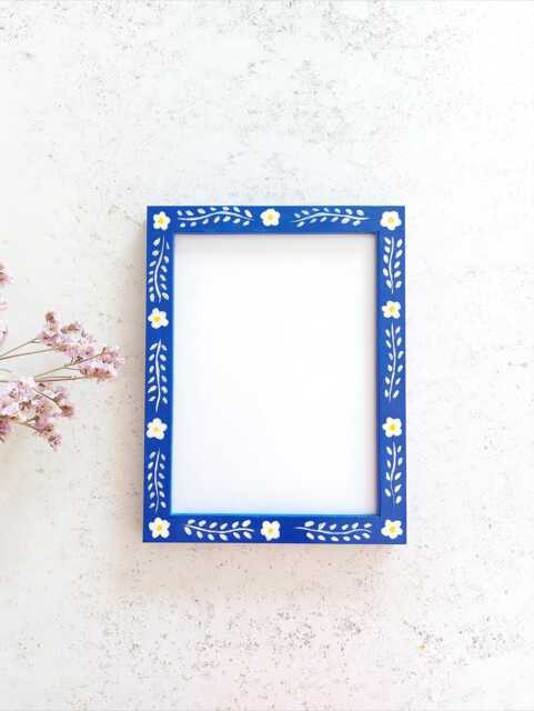 Blue Indigo Hand-Painted Wooden Photo Frame With Floral Detail, Fsc, Natural Wood - image 1