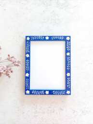 Blue Indigo Hand-Painted Wooden Photo Frame With Floral Detail, Fsc, Natural Wood - thumbnail 1