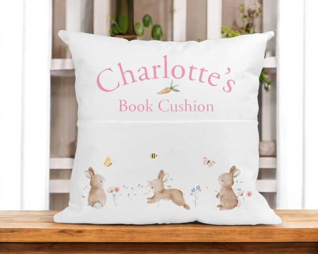 Children's Personalised Book Cushion, Personalisedgift For Children, Easter Gift Ideas, Bunny Rabbit - image 1