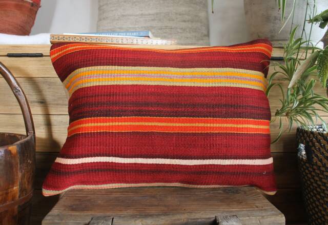 3550cm - 1420In Handwoven Vintage Kilim Cushion Pillow Cover - Stripes & Bands Deep Red With Accent Lines #5 - image 1