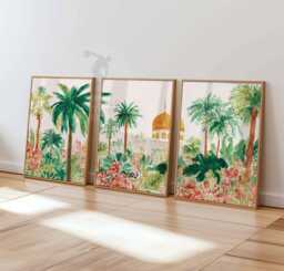 Arabic Set Of 3 Prints, Islamic Garden Poster Set, Moroccan Art, Architecture Print, Mosque Decor, Boho Tropical Wall Art - thumbnail 1