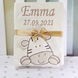 Baby Blanket With Name & Date Of Birth - 802033 Gift Birth Baptism Beige Zebra - thumbnail 2