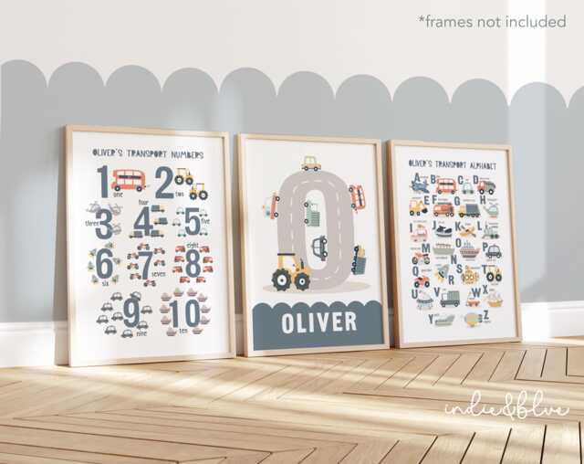 Personalised Set Of 3 Transport Posters in Blue, Vehicle Alphabet & Numbers Print, Cars Boy Bedroom Decor, Playroom Prints - image 1