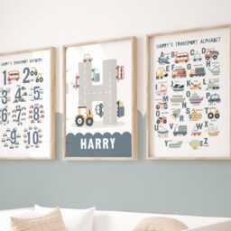 Personalised Set Of 3 Transport Posters in Blue, Vehicle Alphabet & Numbers Print, Cars Boy Bedroom Decor, Playroom Prints - thumbnail 2