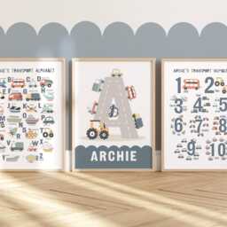 Personalised Set Of 3 Transport Posters in Blue, Vehicle Alphabet & Numbers Print, Cars Boy Bedroom Decor, Playroom Prints - thumbnail 3