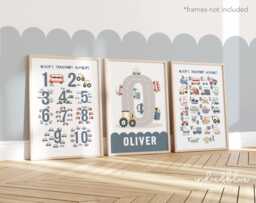 Personalised Set Of 3 Transport Posters in Blue, Vehicle Alphabet & Numbers Print, Cars Boy Bedroom Decor, Playroom Prints - thumbnail 1