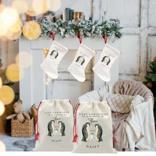 Personalised Last Christmas As A Family Of Three Decoration, Keepsake Sack, Gifts, Gifts Xmas Bags - image 1
