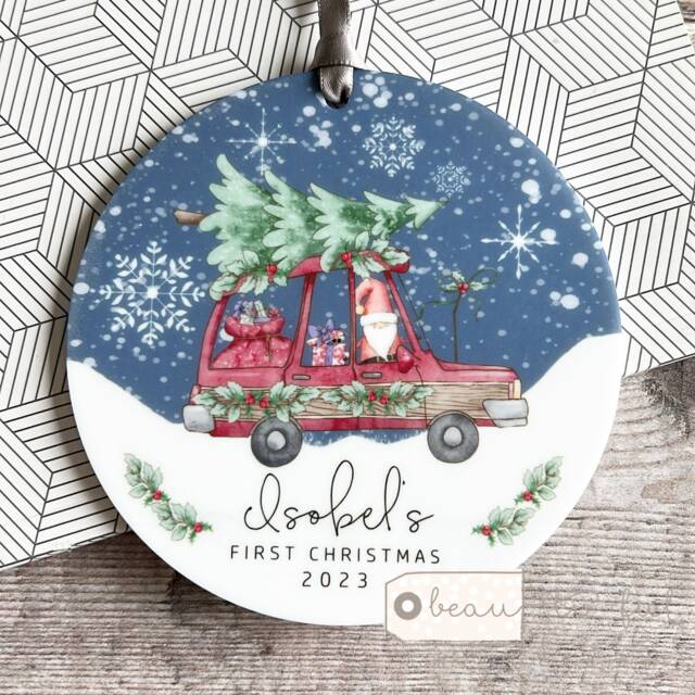 Personalised First Christmas Gift Santa Tree Car Gift Bauble Acrylic Or Ceramic Round Ornament Keepsake Decoration - image 1