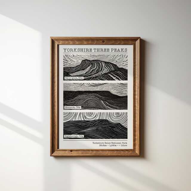 Yorkshire Three Peaks Challenge Print Lino Style Art, Hiking Gift - image 1