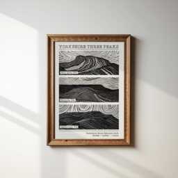 Yorkshire Three Peaks Challenge Print Lino Style Art, Hiking Gift - thumbnail 1