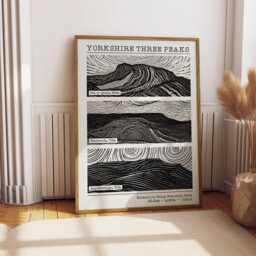 Yorkshire Three Peaks Challenge Print Lino Style Art, Hiking Gift - thumbnail 3