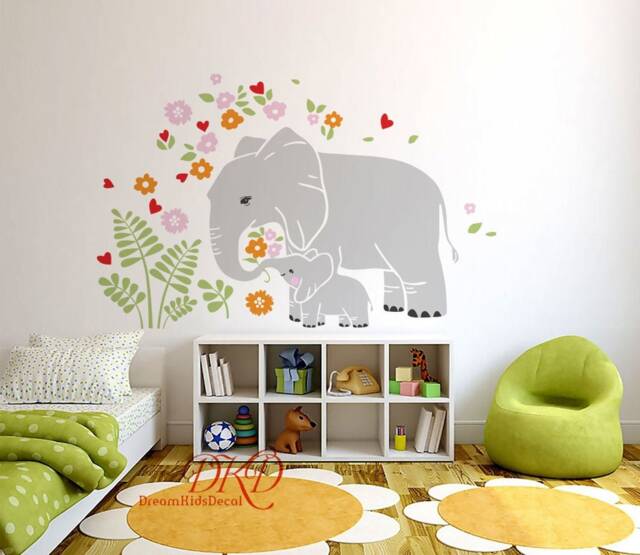 Elephant Wall Decal Baby & Mom Elephants Sticker, Heart, Newborn Nursery, Nature Flowers Girl Children Nursery Decor-Dk369 - image 1