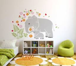 Elephant Wall Decal Baby & Mom Elephants Sticker, Heart, Newborn Nursery, Nature Flowers Girl Children Nursery Decor-Dk369 - thumbnail 1