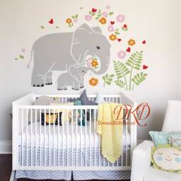 Elephant Wall Decal Baby & Mom Elephants Sticker, Heart, Newborn Nursery, Nature Flowers Girl Children Nursery Decor-Dk369 - thumbnail 2