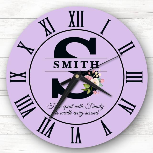 Lilac Floral Family Name Any Initial Personalised Gift Clock - image 1