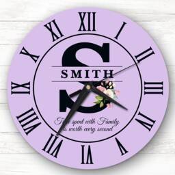 Lilac Floral Family Name Any Initial Personalised Gift Clock