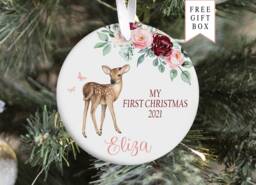 Woodland Baby First Christmas Ornament, Personalized Deer Girl Holiday Ornament - thumbnail 1