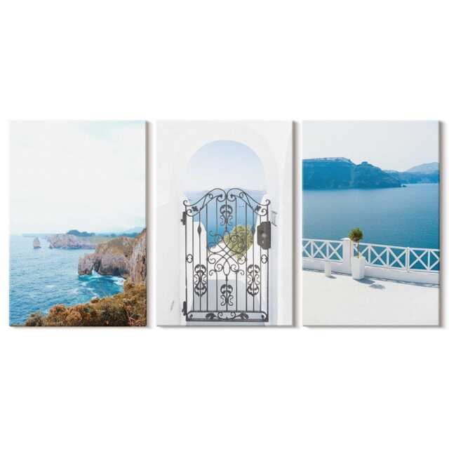 Set Of 3 Canvas Prints - Sea View With Greek Architecture, Blue Photo Print, Landscapes Wall Decor - image 1