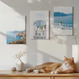 Set Of 3 Canvas Prints - Sea View With Greek Architecture, Blue Photo Print, Landscapes Wall Decor - thumbnail 2