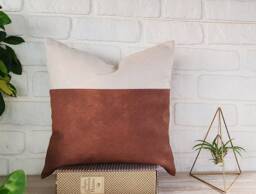 Vintage Terracotta Faux Leather Pillow Cover, Linen Back - 16x16''