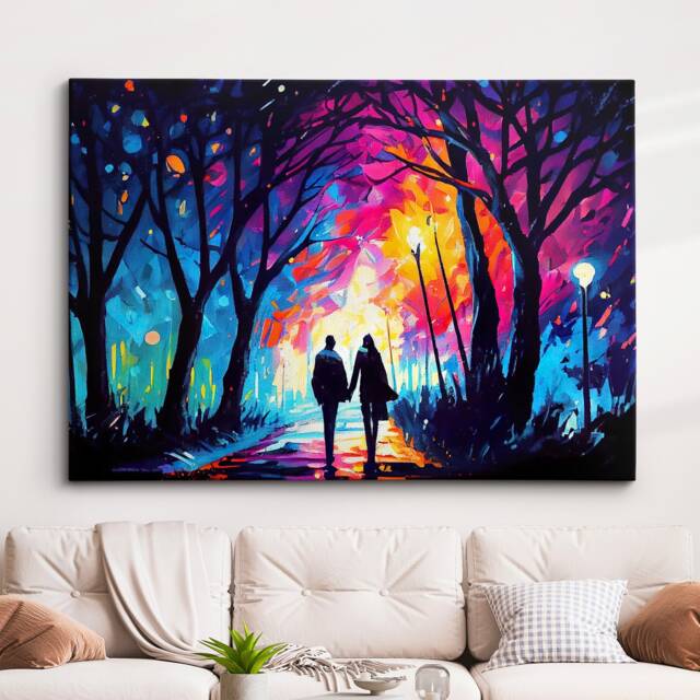 Couple Walking Starry Night Abstract Oil Painting Style Wall Art, Framed Canvas Poster Print, Home Kitchen Office Room Decor, Gifts - image 1