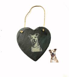 Photo Engraved Slate Heart, Personalised Etched Pets, Dogs, Cat, Pictures Of Family, Gift, Memorial, Grave, Fathers, Wall Hanging - thumbnail 1