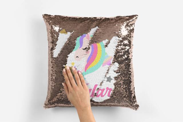 Personalised Unicorn Face Sequin Pillow Cover, Reversible Mermaid Gift For Her, Gift, Birthday Christmas - image 1