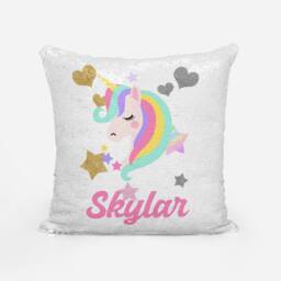 Personalised Unicorn Face Sequin Pillow Cover, Reversible Mermaid Gift For Her, Gift, Birthday Christmas - thumbnail 2