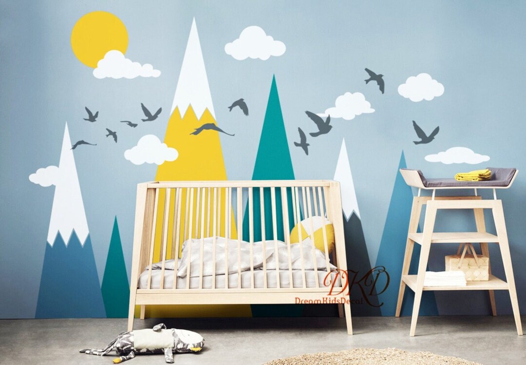 Mountain Wall Decal Sticker, Clouds, Birds, Sun-Mountains - Main Image