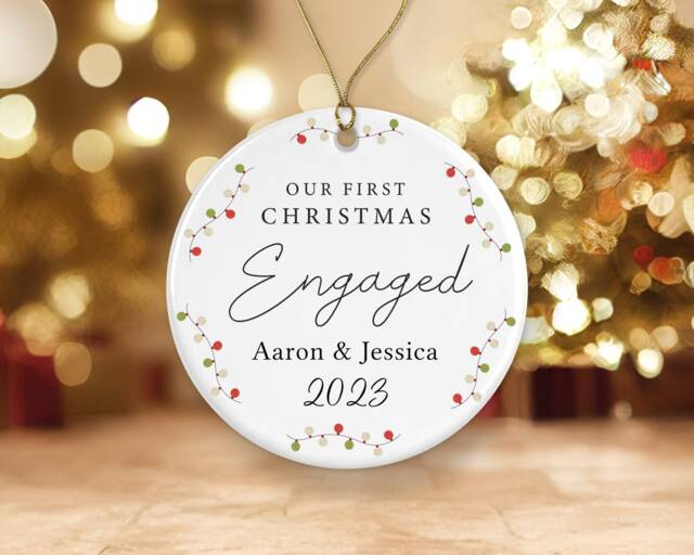 First Christmas Engaged Tree Decoration - Personalised Ornament Ceramic Bauble Keepsake Gift Mr & Mrs To Be Couple - image 1