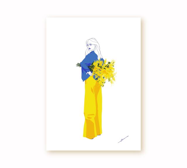 Digital Illustration Made By Hand & Printed, Young Girl With A Bouquet Of Mimosa Flowers - image 1