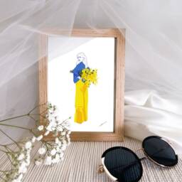 Digital Illustration Made By Hand & Printed, Young Girl With A Bouquet Of Mimosa Flowers - thumbnail 2