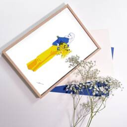 Digital Illustration Made By Hand & Printed, Young Girl With A Bouquet Of Mimosa Flowers - thumbnail 3