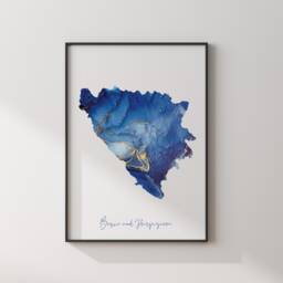Bosnia & Herzegovina Map Blue Gold Wall Art Print - thumbnail 2