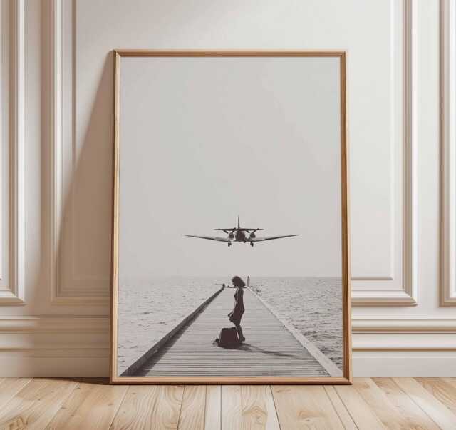Airplane Landing Poster, Aviation Wall Art, Black & White Travel Print, Aircraft Over Ocean Artwork, Pilot Gift, Minimalist Decor - image 1