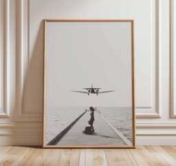 Airplane Landing Poster, Aviation Wall Art, Black & White Travel Print, Aircraft Over Ocean Artwork, Pilot Gift, Minimalist Decor - thumbnail 1